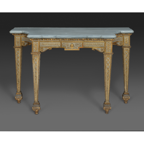 A North-Italian neoclassical creme painted and microcarved parcel gilt-walnut console table with original Grey Valdieri marble top, Turin, 1790 circa